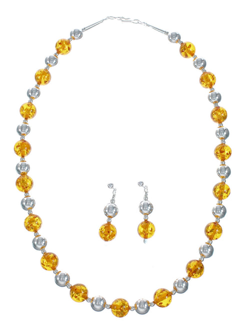 Native American Amber Sterling Silver Bead Necklace Set X10789